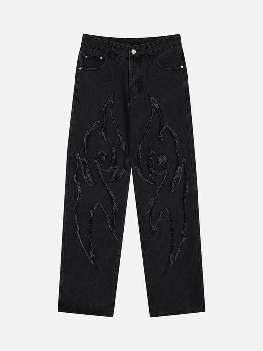 "Street Star" Fire Fringe Lines Straight Jeans