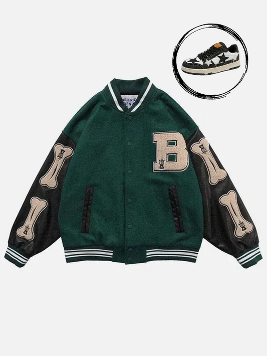 "Bone" PU Flocking Varsity Jacket