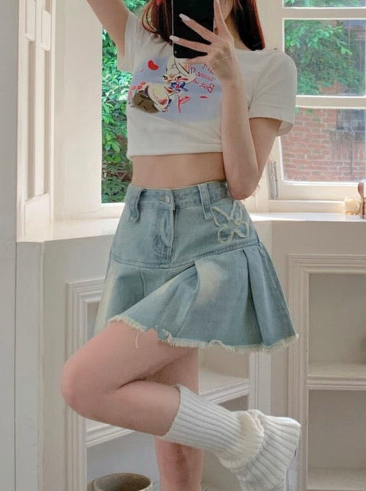 Denim Butterfly Embroidery Mini Skirt